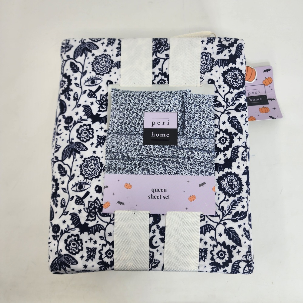 Peri Home Queen Sheet Set White Navy Gothic Skulls Bats Halloween Toile 4pc NEW